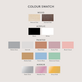 Color swatch chart with wood, acrylic, painted, and mirror finishes.