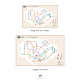 A comparison showing two versions of an art & letter system map poster: a smaller Regular (A2 Size) version at the top and a larger Large (A1 Size) version at the bottom, both on a white background with text labels.