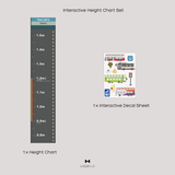 Interactive height chart set by Urban Lil, featuring a dark gray height measurement chart with white markings and a colorful bus-themed sticker sheet on a light gray background.