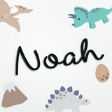 Name 'Noah' with dinosaur illustrations on a light background