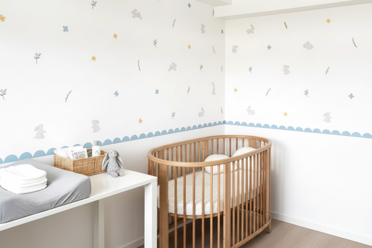 Nursery room with wooden crib and white walls featuring star patterns.