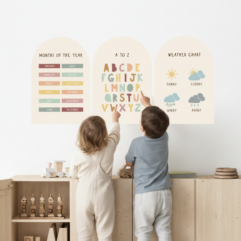 Two children standing in front of educational posters on a wall.