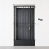 Black door with metal grille on a white background