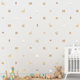 Children's room with animal-themed wall decals and toys on a light gray background